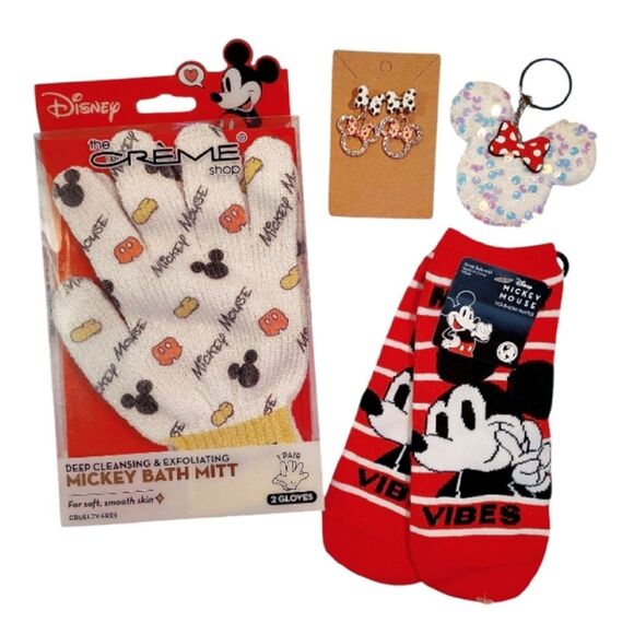 Disney Mickey & Minnie Mouse Bath Mitts Socks Earrings and Keychain Lot NWT - Picture 1 of 15